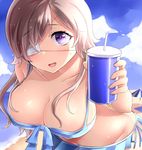  beach beach_towel beach_umbrella bent_over bikini bikini_top blue_bikini blue_sky blush breasts brown_hair cleavage cloud commentary_request cup day disposable_cup drinking_straw eyebrows_visible_through_hair eyepatch front-tie_top highres large_breasts long_hair looking_at_viewer medical_eyepatch neit_ni_sei nochise_karin ocean one_eye_covered open_mouth original outdoors purple_eyes shadow side-tie_bikini sky smile solo sweat swimsuit towel umbrella 