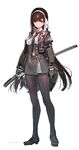  black_hair black_legwear closed_mouth commentary_request full_body holding holding_sword holding_weapon katana kishiyo long_hair looking_at_viewer pantyhose pixiv_fantasia pixiv_fantasia_t red_eyes revision simple_background smile solo sword weapon white_background 