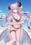  :o artist_name beach bikini blue_eyes blush breasts cameltoe cleavage collarbone day double_bun draph fingernails frilled_bikini_top frills granblue_fantasy hair_ornament hair_over_one_eye heart heart_hands highres horns knees_together_feet_apart large_breasts long_hair low_twintails narmaya_(granblue_fantasy) navel obiwan ocean outdoors parted_lips pointy_ears purple_hair shiny shiny_skin showgirl_skirt skindentation solo standing swimsuit thigh_strap thighs twintails twitter_username very_long_hair white_bikini 