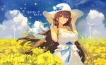  bangs bare_shoulders blue_bow blue_ribbon blue_sky blush bow breasts brown_hair cleavage cloud commentary cowboy_shot day dress field floating_hair flower flower_field frilled_dress frills grin hair_between_eyes hands_on_headwear hands_up happy hat hat_bow kishiyo large_breasts long_hair looking_at_viewer nature orange_eyes original outdoors petals revision ribbon sidelocks sky sleeveless sleeveless_dress smile solo standing sun_hat sundress taut_clothes very_long_hair white_dress wind wind_turbine windmill wristband 