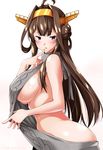  ahoge ass backless_dress backless_outfit blush breasts brown_hair come_hither double_bun dress dress_pull finger_to_mouth grey_sweater halterneck headgear kantai_collection kongou_(kantai_collection) large_breasts long_hair looking_at_viewer meme_attire parted_lips purple_eyes remodel_(kantai_collection) sideboob simple_background solo sweater turtleneck turtleneck_sweater virgin_killer_sweater white_background yuuki_hb 