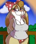  bow breasts cleavage clothed clothing eyewear female glasses lagomorph mammal outside partially_clothed rabbit rachelle rachellebun shirt slightly_chubby solo tank_top underwear 