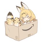  amazon_(company) animal_ears blonde_hair bow box closed_eyes coupon_(skyth) eyebrows_visible_through_hair facing_viewer gloves in_box in_container kemono_friends lying on_back paw_pose print_bow print_legwear serval_(kemono_friends) serval_ears serval_print serval_tail simple_background solo tail thighhighs tongue tongue_out white_background white_gloves 