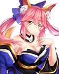 animal_ears blush breasts chrisandita cleavage detached_sleeves fate/extra fate/extra_ccc fate/grand_order fate_(series) fox_ears fox_tail hair_ribbon hand_on_own_chest highres japanese_clothes large_breasts light_smile long_hair pink_hair ribbon simple_background solo tail tamamo_(fate)_(all) tamamo_no_mae_(fate) white_background yellow_eyes 