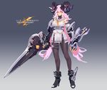  black_gloves black_legwear commentary_request dress elbow_gloves full_body gloves headgear high_heels holding holding_sword holding_weapon kishiyo long_hair original pantyhose pink_hair revision sailor_dress smile solo sword weapon yellow_eyes 