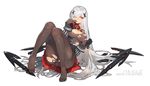  black_legwear brown_gloves commentary_request full_body gloves hair_ornament highres iron_cross kishiyo long_hair long_sleeves looking_at_viewer official_art one_eye_closed orange_eyes original pantyhose revision shirt silver_hair sitting skirt smile solo torn_clothes torn_legwear very_long_hair 