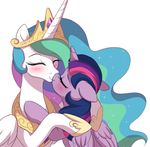  2017 blush duo equine eyes_closed feathered_wings feathers female female/female feral friendship_is_magic hair hi_res hooves horn kissing long_hair mammal momomistress multicolored_hair my_little_pony princess_celestia_(mlp) purple_feathers simple_background smile twilight_sparkle_(mlp) white_background white_feathers winged_unicorn wings 