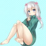  1girl ankles aqua_background bangs barefoot blue_eyes blush bow feet hair_bow izumi_sagiri long_hair looking_at_viewer no_shoes patterned_background pink_bow polka_dot_background smile soles solo toes white_hair 