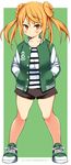  absurdres alternate_costume black_shorts blonde_hair border buttons dated double_bun green_jacket hands_in_pockets highres jacket kantai_collection long_hair long_sleeves michishio_(kantai_collection) richou_(zerozero1101) shoes shorts sneakers solo twitter_username white_border yellow_eyes 