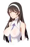  bare_shoulders between_breasts black_hair breasts commentary_request covered_nipples detached_sleeves girls_frontline green_eyes halter_top halterneck headband impossible_clothes impossible_shirt large_breasts long_hair qbz-95_(girls_frontline) shirt solo upper_body vic 