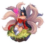  absurdres ahri animal_ears arm_support bare_shoulders black_hair breasts cleavage collarbone detached_sleeves facial_mark fox_ears fox_tail heart highres korean_clothes large_breasts league_of_legends long_hair md5_mismatch multiple_tails orange_eyes qbspdl simple_background sitting slit_pupils solo tail tassel thighhighs very_long_hair white_background white_legwear wide_sleeves 