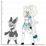  2016 android animal_humanoid anthro bit_(crankyconstruct) breasts cleavage clothed clothing crankyconstruct duo english_text equine equine_humanoid eyes_closed female hair_bow hair_ribbon humanoid lagomorph legwear lipstick looking_at_viewer machine makeup male mammal rabbit ribbons robot simple_background standing text thigh_highs troix_(crankyconstruct) white_background 