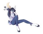  5_fingers anthro barefoot black_hair blue_eyes cervine clothed clothing deer grey_nose hair hooves male mammal rikitoka simple_background sitting solo white_background 
