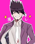  :d ^_^ blush closed_eyes danganronpa grin hands_on_hips highres jacket jacket_on_shoulders laughing looking_at_viewer male_focus mitsuki_(ayanop1111) momota_kaito new_danganronpa_v3 open_mouth pink_background purple_hair school_uniform shirt simple_background skirt smile solo space_print spiked_hair starry_sky_print t-shirt teeth upper_body 