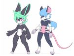  2016 android anthro bit_(crankyconstruct) breasts claws crankyconstruct duo featureless_breasts featureless_crotch female hair_over_eyes lagomorph lan_(crankyconstruct) looking_at_viewer machine male mammal mouse nude pink_eyes rabbit robot rodent simple_background small_breasts standing white_background 