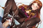  1girl anus bar_censor black_legwear black_skirt blue_background blush bow brown_hair censored chacha_(fate/grand_order) cum cum_on_clothes dutch_angle ejaculation erection fate/grand_order fate_(series) feet femdom flat_chest footjob foreshortening fur_collar fur_trim furrowed_eyebrows gloves grin hairband kasaran lifted_by_self long_hair nipples no_bra no_panties pantyhose parted_lips penis pink_bow purple_gloves pussy sash see-through short_sleeves simple_background sitting skirt skirt_lift smile solo_focus spread_legs teeth thigh_strap thighband_pantyhose toes upskirt veins veiny_penis yellow_eyes yellow_hairband 