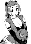  american_beaver_(kemono_friends) animal animal_ears beaver beaver_ears beaver_tail breasts cleavage elbow_gloves gloves greyscale hair_ornament hairclip happa_(cloverppd) holding holding_animal kemono_friends large_breasts monochrome namesake short_hair tail torn_clothes torn_sleeves white_background 