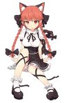  1girl alternate_costume animal_ears bangs black_bow black_ribbon black_shoes black_skirt bow braid breasts cat_ears extra_ears fang full_body hair_bow highres kaenbyou_rin large_breasts long_hair looking_at_viewer maid puffy_short_sleeves puffy_sleeves red_eyes red_hair ribbon shoes shone short_sleeves simple_background sitting skirt socks solo touhou twin_braids white_background white_legwear wrist_cuffs 