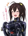  :d belt bodysuit brown_eyes brown_hair collar commentary_request corset eyebrows_visible_through_hair frame_arms_girl gennai_ao latex latex_dress lock mask open_mouth padlock padlocked_collar ponytail ribbon ribimura shiny shiny_clothes smile translated white_background wrist_cuffs 