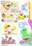  4koma arms_(game) bangs bellaraika blonde_hair blunt_bangs bob_cut character_name cobushii_(arms) comic dna_man_(arms) domino_mask green_eyes highres mask mechanica_(arms) min_min_(arms) ninjara_(arms) ribbon_girl_(arms) sexually_suggestive short_hair spring_man_(arms) suggestive_fluid thumbs_up twintelle_(arms) twitter_username 