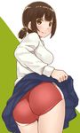  ass brown_eyes brown_hair buruma commentary long_sleeves looking_at_viewer looking_back mo-fu original short_hair skirt skirt_lift smile solo 