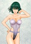  1girl areola black_hair breasts cosplay dan_tetsuo fubuki_(one-punch_man) ghost_in_the_shell ghost_in_the_shell_stand_alone_complex green_eyes head_tilt highleg_leotard highres kusanagi_motoko kusanagi_motoko_(cosplay) large_breasts leotard looking_at_viewer nipples one-punch_man pubic_hair short_hair smile solo standing strapless strapless_leotard 