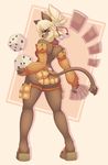  2015 anthro armwear breasts butt card clothed clothing collar crankyconstruct detached_sleeves dice ecaflip feline female footwear green_eyes looking_at_viewer looking_back mammal playing_card rear_view sandals side_boob skimpy solo standing 