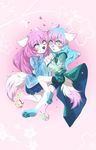  4_toes 5_fingers ambiguous_gender anthro barefoot blue_eyes blue_hair canine clothed clothing dog girly hair looking_at_viewer mammal pink_hair pink_nose rikitoka simple_background toes white_background 
