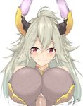  bangs bare_shoulders blush breasts dated draph granblue_fantasy grey_hair hair_between_eyes heart heart-shaped_pupils horns huge_breasts kuavera long_hair looking_at_viewer paizuri paizuri_over_clothes penis red_eyes signature simple_background smile solo_focus symbol-shaped_pupils thalatha_(granblue_fantasy) white_background 