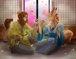  5_fingers anthro barefoot brown_hair canine clothed clothing detailed_background dog duo feline fur hair kneeling lion male mammal open_mouth rikitoka smile tan_fur teeth 