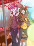  5_fingers anthro black_hair canine clothed clothing demon detailed_background dog duo hair horn male mammal purple_hair rikitoka smile 