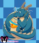  2016 antlers bowl cheek_bulge chopsticks crankyconstruct dragon eastern_dragon eating food holding_object horn noodles pattern_background ramen simple_background watermark whiskers 