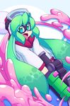  2015 clothed clothing crankyconstruct eyewear female goggles green_eyes hat holding_object holding_weapon humanoid inkling looking_at_viewer nintendo open_mouth open_smile smile solo splatoon tentacles video_games water_gun weapon 