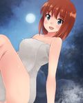  akatsuki_miho akemiho_tabi_nikki bare_shoulders bathing blue_eyes blush brown_hair full_moon grey_towel kouno_hikaru looking_at_viewer moon naked_towel night onsen outdoors short_hair sitting solo steam towel 