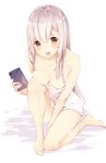  bangs barefoot blush breast_press breasts brown_eyes cellphone cleavage collarbone commentary_request eyebrows_visible_through_hair grey_hair highres holding holding_phone long_hair looking_at_viewer manatsuki_manata medium_breasts naked_towel open_mouth original phone silver_hair sitting smartphone solo tareme teeth thighs towel 
