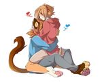  &lt;3 4_toes anthro barefoot brown_hair canine cat clothed clothing digitigrade dog duo feline hair mammal pawpads rikitoka smile tan_hair toes 