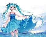  :d ahoge bare_arms bare_shoulders blue_eyes blue_hair blush breasts bright_pupils cloud collarbone cowboy_shot day dress floating_hair frilled_dress frills hair_ornament hair_scrunchie hatsune_miku highres horizon lifted_by_self long_hair looking_at_viewer mechuragi ocean open_mouth reflection round_teeth scrunchie skirt_hold sleeveless sleeveless_dress small_breasts smile solo sparkle standing sundress sunlight teeth thighs twintails very_long_hair vocaloid wading water wind 