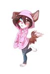  ambiguous_gender anthro barefoot brown_hair canine dog girly hair heterochromia mammal open_mouth pink_nose rikitoka simple_background solo standing teeth tongue white_background 
