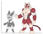  2016 abs android anthro bit_(crankyconstruct) blue_eyes clothed clothing crankyconstruct duo eye_scar facial_scar featureless_crotch feline gao_(crankyconstruct) lagomorph looking_at_viewer machine male mammal muscular muscular_male nude pecs rabbit robot scar simple_background standing tiger white_background 
