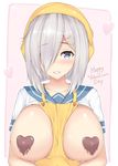  apron bandana bare_chest between_breasts blue_eyes blush border breasts breasts_outside chocolate chocolate_heart chocolate_on_breasts collarbone covered_nipples hair_ornament hair_over_one_eye hairclip hamakaze_(kantai_collection) happy_valentine head_scarf heart heart-shaped_pupils highres kantai_collection kuavera large_breasts looking_at_viewer pink_background school_uniform serafuku short_hair short_sleeves signature silver_hair smile solo symbol-shaped_pupils valentine white_border 