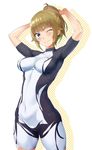  ;) armpits arms_up black_bodysuit blue_eyes bodysuit breasts brown_hair closed_mouth covered_navel covered_nipples cowboy_shot gundam gundam_build_fighters hair_ornament hair_scrunchie halftone highres hiiragi_yuuichi hoshino_fumina looking_at_viewer medium_breasts one_eye_closed ponytail print_bodysuit scrunchie short_sleeves simple_background skin_tight smile solo thighs turtleneck 