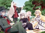  3boys 3girls amakusa_shirou_(fate) armor armored_dress avenger bandana black_hat black_pants black_shirt blonde_hair blue_hair clenched_teeth closed_eyes crossed_legs dark_skin dated day edmond_dantes_(fate/grand_order) eyebrows_visible_through_hair facial_mark fate/grand_order fate_(series) floating_hair formal glasses green_pants hair_ribbon hat high_ponytail holding index_finger_raised jeanne_d'arc_(alter)_(fate) jeanne_d'arc_(fate) jeanne_d'arc_(fate)_(all) kneeling long_hair mash_kyrielight multiple_boys multiple_girls necktie open_mouth outdoors pants pink_hair red_eyes red_neckwear red_ribbon ribbon shirt short_hair signature silver_hair standing sun_hat tattoo teeth tenko_ex topless tree very_long_hair yellow_eyes 