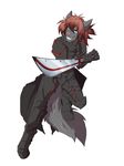  5_fingers anthro armor blue_eyes canine clothed clothing dog hair holding_object holding_weapon male mammal pink_nose red_hair rikitoka simple_background smile solo teeth weapon white_background 