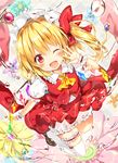  ;d ascot blonde_hair bloomers blush bonnet bow bow_legwear eyebrows_visible_through_hair flandre_scarlet floral_background flower frilled_shirt_collar frills full_body garters hair_bow hat long_hair looking_at_viewer mob_cap one_eye_closed open_mouth puffy_short_sleeves puffy_sleeves red_bow red_eyes red_skirt riichu short_sleeves shorts side_ponytail skirt skirt_set smile solo tail touhou underwear water_drop white_hat white_legwear white_shorts wrist_cuffs 