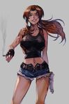  black_lagoon breasts brown_eyes brown_hair cigarette denim denim_shorts fingerless_gloves gloves gun handgun hankuri holding holding_gun holding_weapon large_breasts left-handed long_hair pistol ponytail revy_(black_lagoon) shorts solo tank_top tattoo weapon 