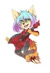  4_toes 5_fingers anthro barefoot blue_hair canine clothed clothing dog female gradient_hair green_eyes hair mammal open_mouth pink_tongue purple_hair rikitoka simple_background smile solo teeth toes tongue white_background 