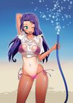  1girl bikini blush breasts curry_(dbt) flower green_eyes large_breasts long_hair looking_at_viewer navel one_eye_closed open_mouth pipe purple_bikini purple_hair side-tie_bikini solo standing swimsuit t-shirt tanline wet_t-shirt white_t-shirt wink 