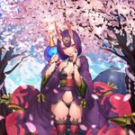  breasts cherry_blossoms day depth_charge fate/grand_order fate_(series) fingernails gourd grin hair_ornament hand_to_own_mouth highres horns japanese_clothes kimono long_fingernails looking_at_viewer medium_breasts nail_polish navel off_shoulder oni oni_horns open_clothes open_kimono outdoors petals pink_eyes purple_hair revealing_clothes short_hair short_kimono shuten_douji_(fate/grand_order) smile solo thighhighs yin-ting_tian 