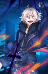  arm_up building cowboy_shot cross fate/grand_order fate_(series) fur_trim genderswap genderswap_(ftm) highres jeanne_d'arc_(alter)_(fate) jeanne_d'arc_(fate)_(all) looking_at_viewer male_focus night official_style open_mouth seseragi_azuma silver_hair skyscraper smile solo takeuchi_takashi_(style) wicked_dragon_witch_ver._shinjuku_1999 yellow_eyes 