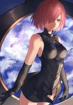  armor armored_dress bare_shoulders black_dress black_gloves breasts closed_mouth cloud dress elbow_gloves expressionless fate/grand_order fate_(series) gloves hair_over_one_eye highres hoojiro mash_kyrielight medium_breasts purple_eyes purple_hair short_hair sky sleeveless sleeveless_dress solo 